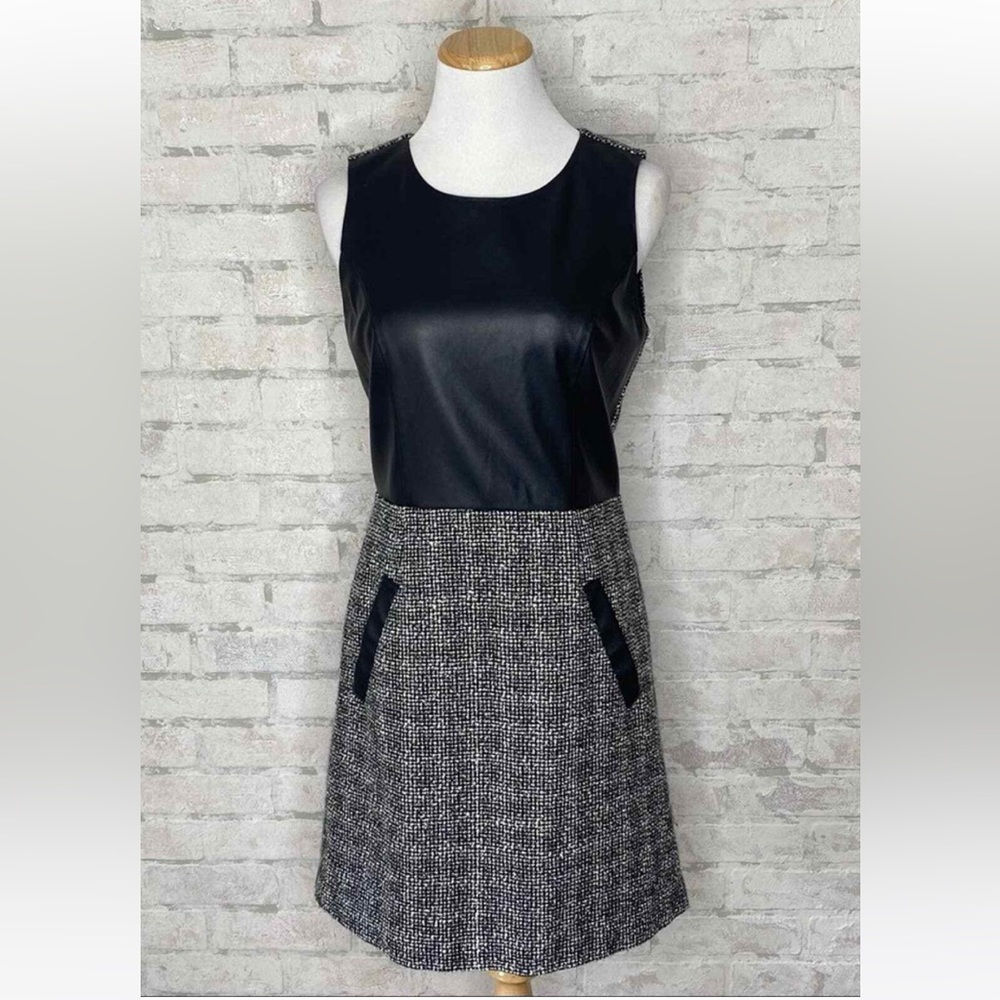 Black faux leather and tweed dress